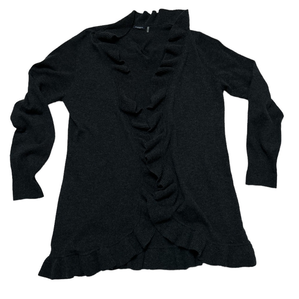 Magaschoni Cashmere Grey Open Sweater Ruffle Trim **Flaw Small Holes size L